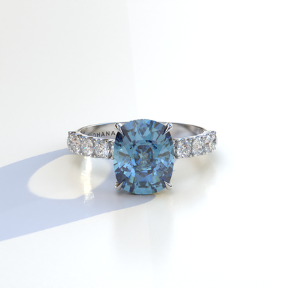 4 Carat Blue Cushion Cut Hidden Halo Eternity Lab Diamond Engagement Ring - Sandrine