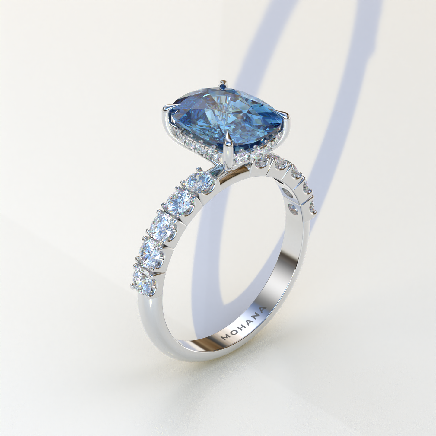 4 Carat Blue Cushion Cut Hidden Halo Eternity Lab Diamond Engagement Ring - Sandrine