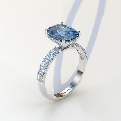 4 Carat Blue Cushion Cut Hidden Halo Eternity Lab Diamond Engagement Ring - Sandrine