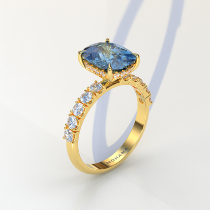 4 Carat Blue Cushion Cut Hidden Halo Eternity Lab Diamond Engagement Ring - Sandrine