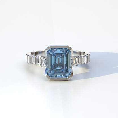 3 Carat Blue Color Emerald Cut Three Stone Lab Diamond Engagement Ring | Bezel Setting Ring - Gatsby