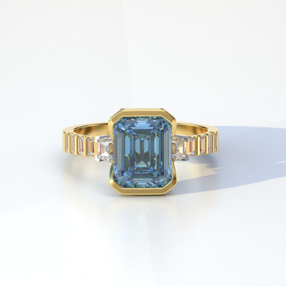 3 Carat Blue Color Emerald Cut Three Stone Lab Diamond Engagement Ring | Bezel Setting Ring - Gatsby