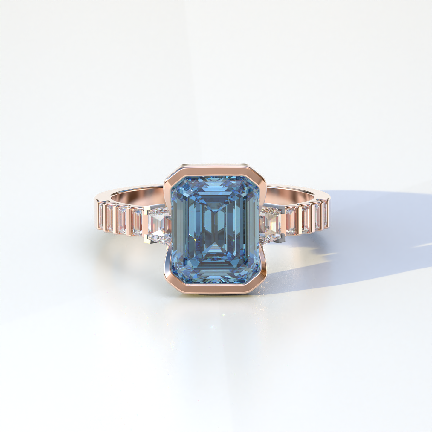 3 Carat Blue Color Emerald Cut Three Stone Lab Diamond Engagement Ring | Bezel Setting Ring - Gatsby