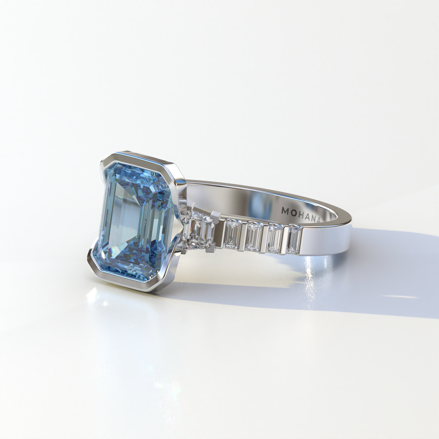 3 Carat Blue Color Emerald Cut Three Stone Lab Diamond Engagement Ring | Bezel Setting Ring - Gatsby