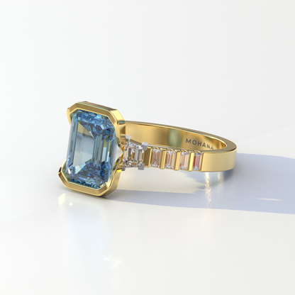 3 Carat Blue Color Emerald Cut Three Stone Lab Diamond Engagement Ring | Bezel Setting Ring - Gatsby