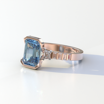 3 Carat Blue Color Emerald Cut Three Stone Lab Diamond Engagement Ring | Bezel Setting Ring - Gatsby