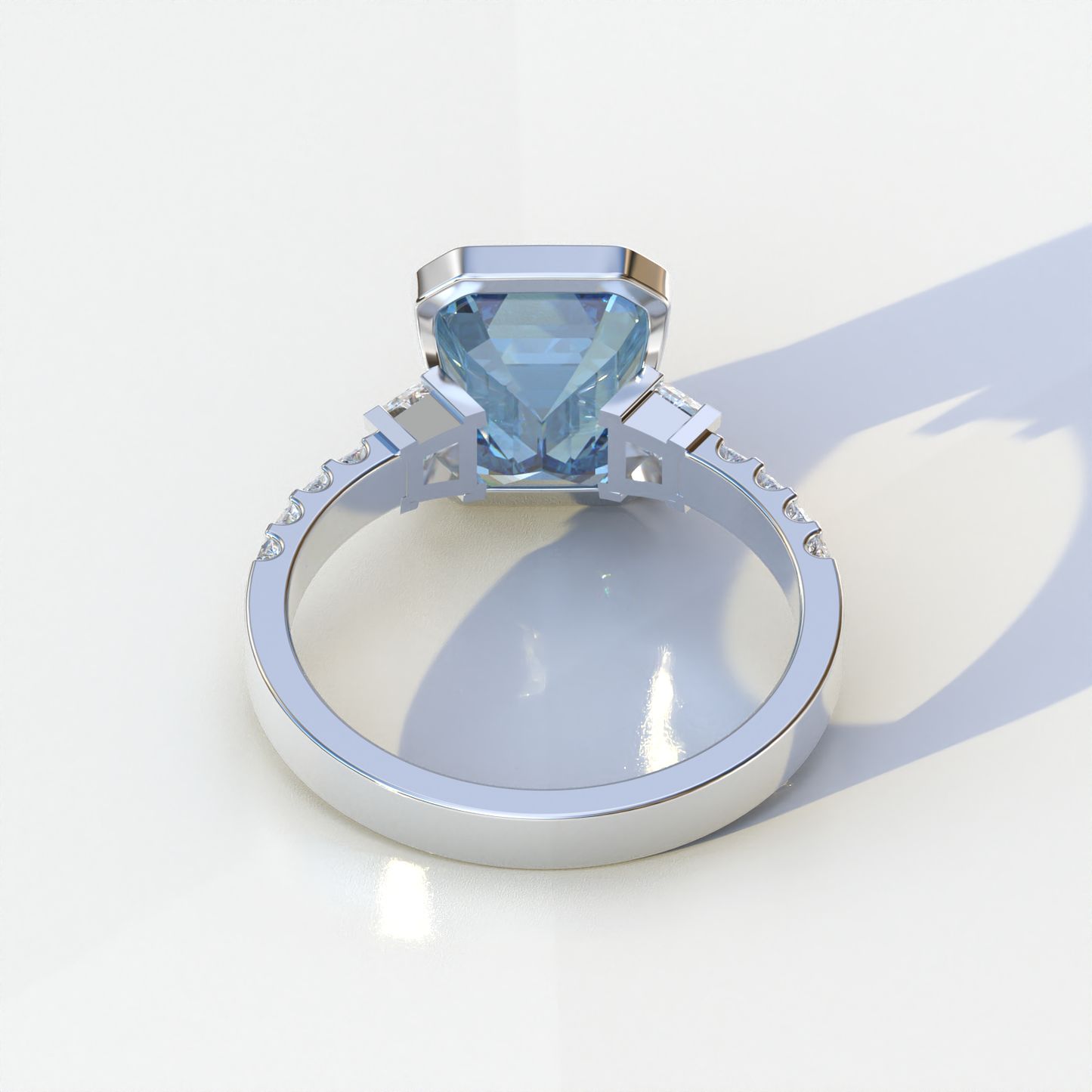 3 Carat Blue Color Emerald Cut Three Stone Lab Diamond Engagement Ring | Bezel Setting Ring - Gatsby