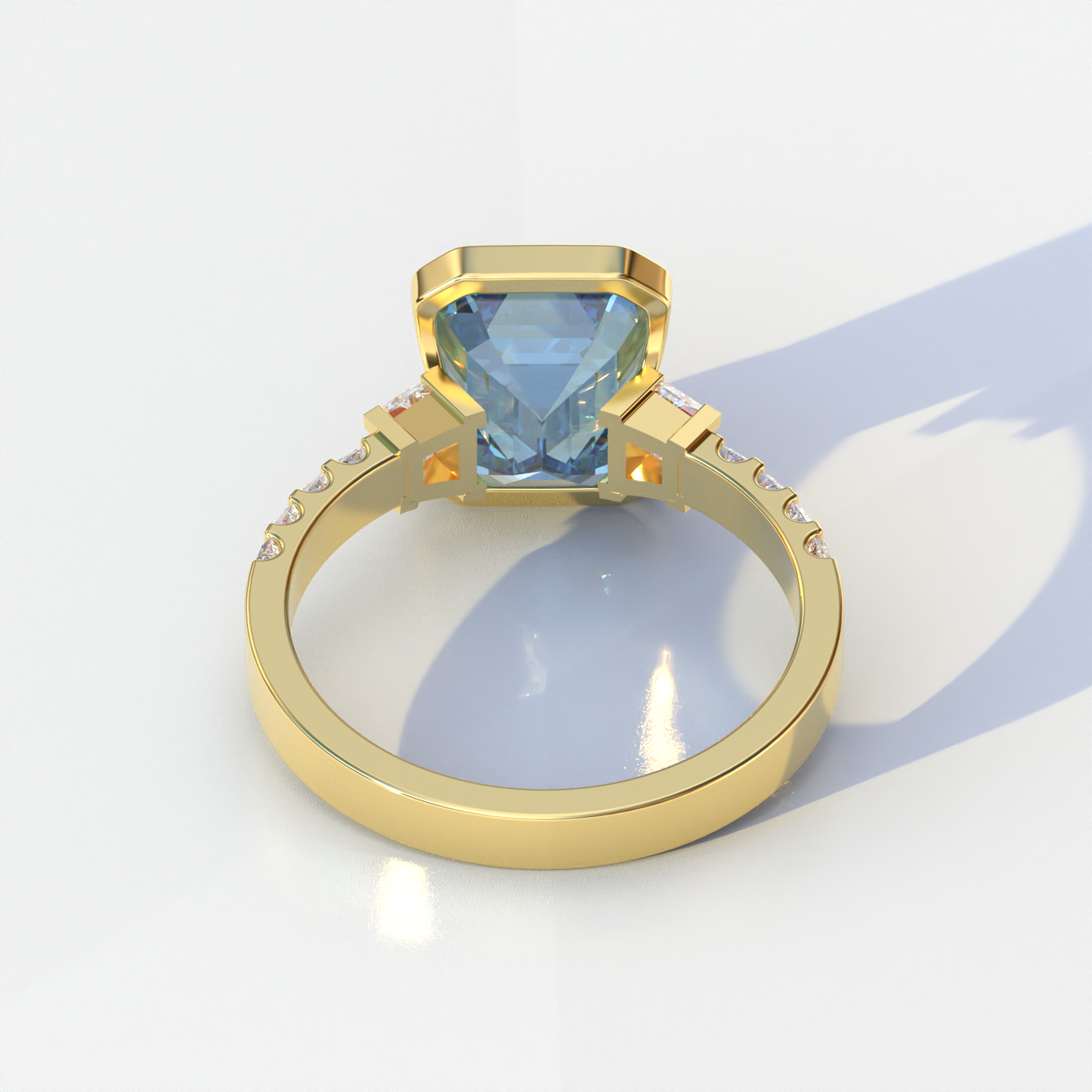 3 Carat Blue Color Emerald Cut Three Stone Lab Diamond Engagement Ring | Bezel Setting Ring - Gatsby