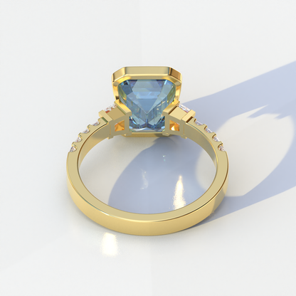 3 Carat Blue Color Emerald Cut Three Stone Lab Diamond Engagement Ring | Bezel Setting Ring - Gatsby
