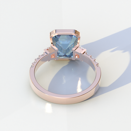 3 Carat Blue Color Emerald Cut Three Stone Lab Diamond Engagement Ring | Bezel Setting Ring - Gatsby