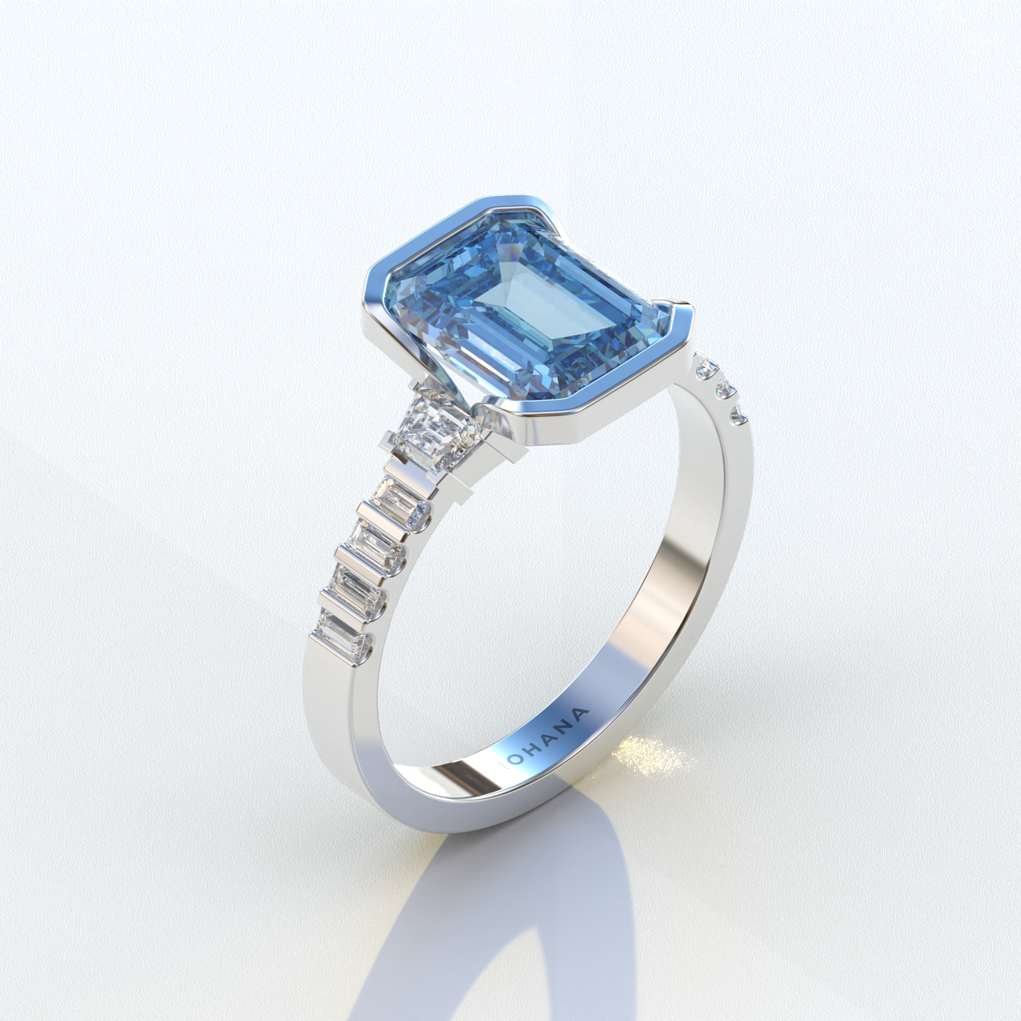 3 Carat Blue Color Emerald Cut Three Stone Lab Diamond Engagement Ring | Bezel Setting Ring - Gatsby