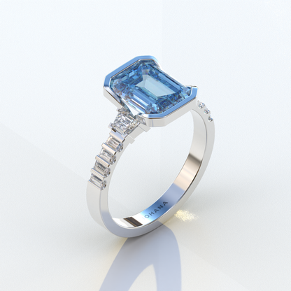 3 Carat Blue Color Emerald Cut Three Stone Lab Diamond Engagement Ring | Bezel Setting Ring - Gatsby