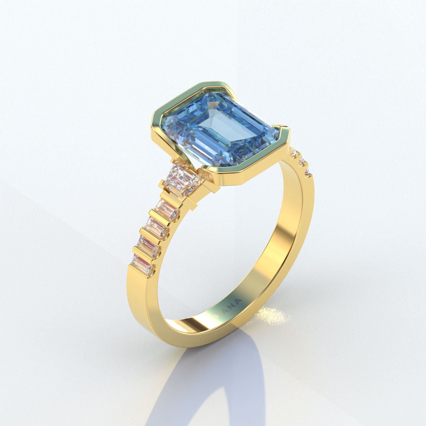 3 Carat Blue Color Emerald Cut Three Stone Lab Diamond Engagement Ring | Bezel Setting Ring - Gatsby