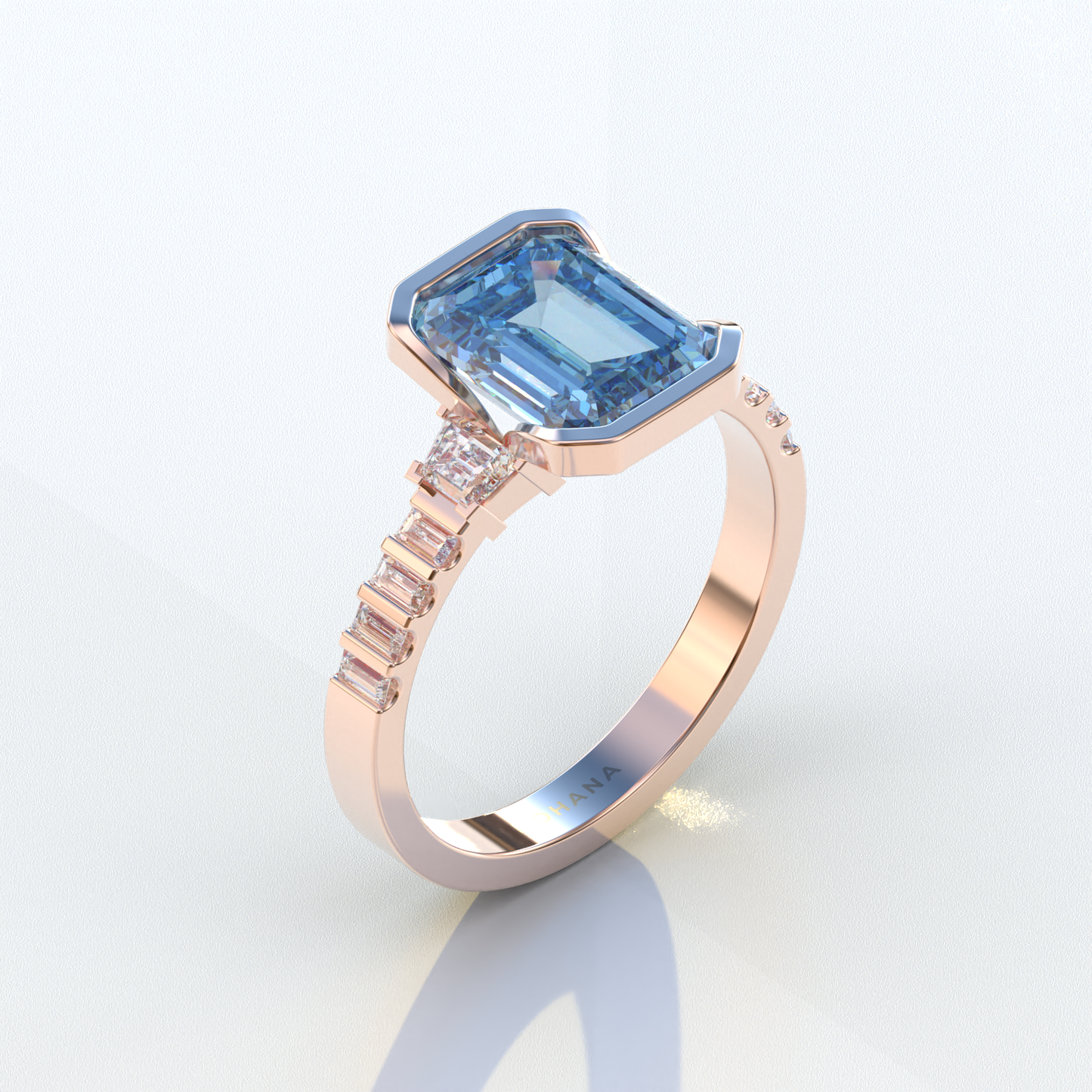 3 Carat Blue Color Emerald Cut Three Stone Lab Diamond Engagement Ring | Bezel Setting Ring - Gatsby