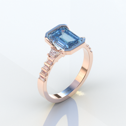 3 Carat Blue Color Emerald Cut Three Stone Lab Diamond Engagement Ring | Bezel Setting Ring - Gatsby