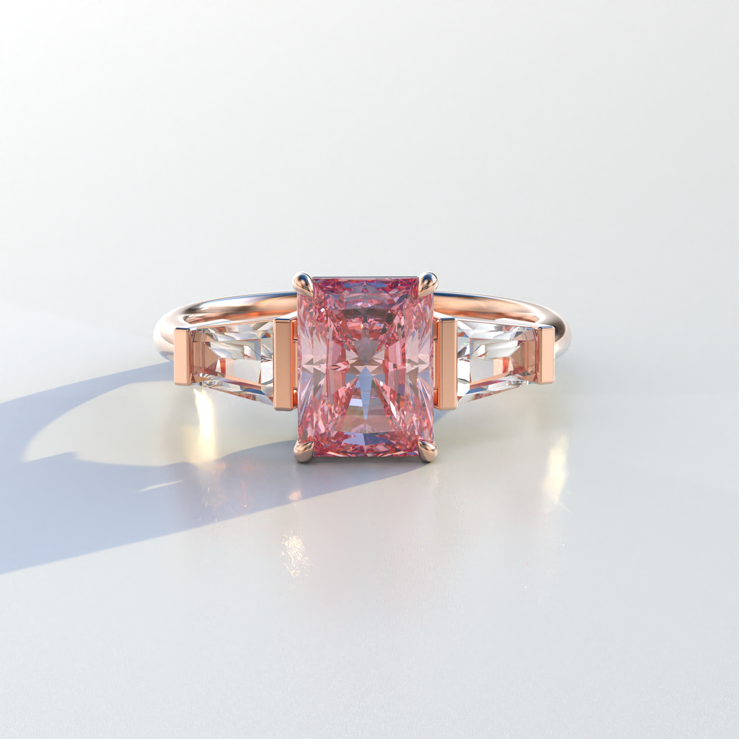 3 Carat Pink Radiant & Tapered Baguette Three Stone Lab Diamond Engagement Ring - Adorned