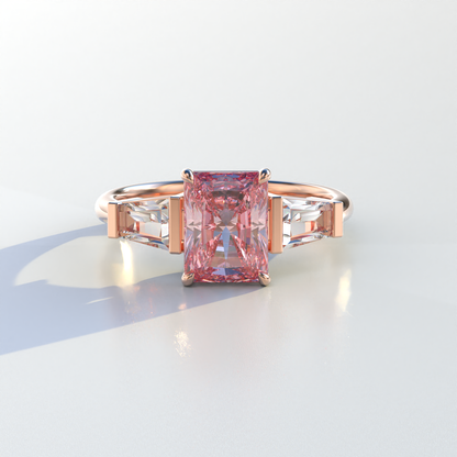 3 Carat Pink Radiant & Tapered Baguette Three Stone Lab Diamond Engagement Ring - Adorned