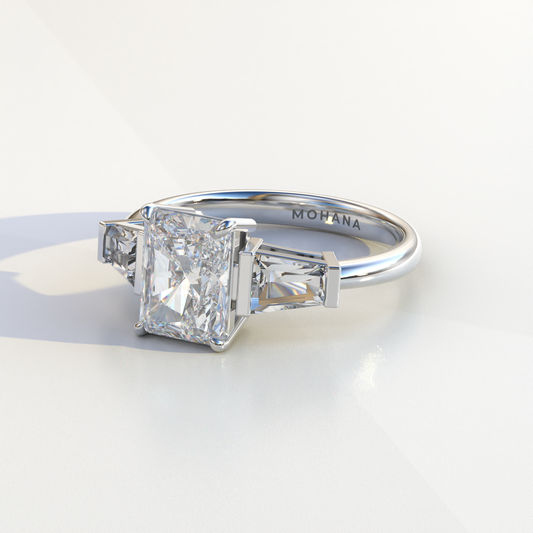3 Carat Radiant & Tapered Baguette Three Stone Lab Diamond Engagement Ring - Adorned