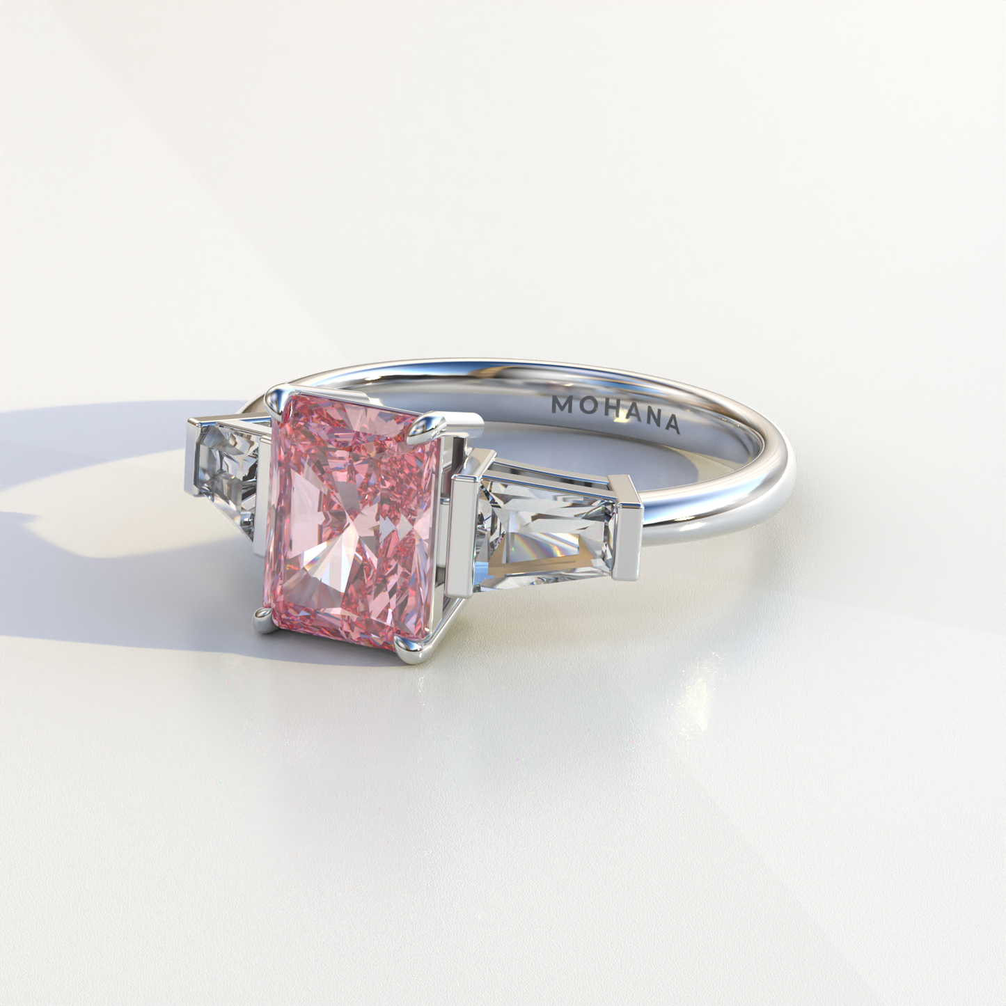 3 Carat Pink Radiant & Tapered Baguette Three Stone Lab Diamond Engagement Ring - Adorned