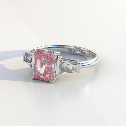 3 Carat Pink Radiant & Tapered Baguette Three Stone Lab Diamond Engagement Ring - Adorned