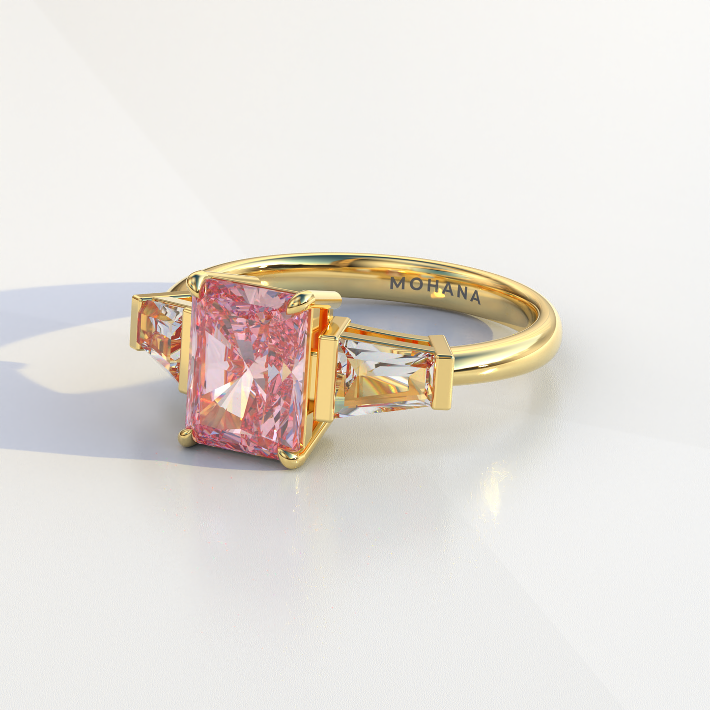 3 Carat Pink Radiant & Tapered Baguette Three Stone Lab Diamond Engagement Ring - Adorned
