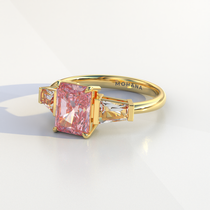 3 Carat Pink Radiant & Tapered Baguette Three Stone Lab Diamond Engagement Ring - Adorned