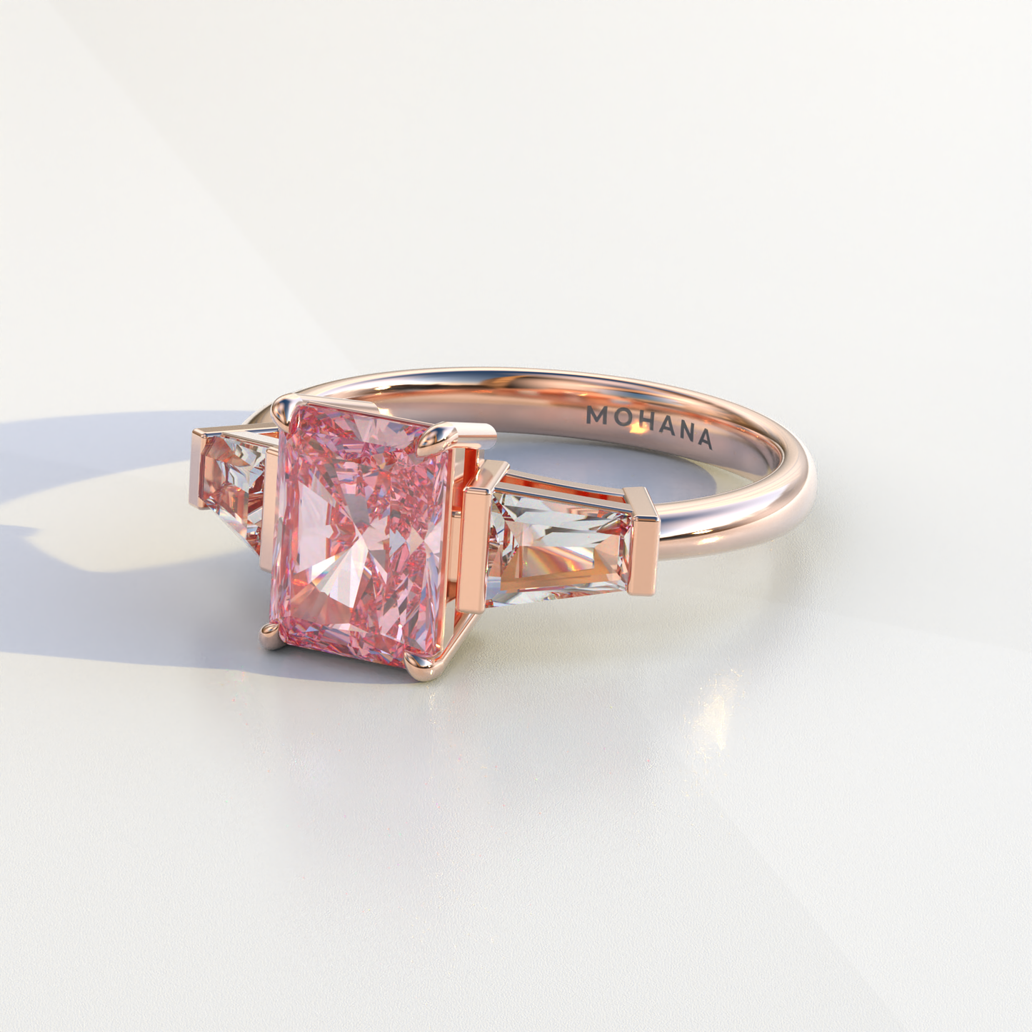 3 Carat Pink Radiant & Tapered Baguette Three Stone Lab Diamond Engagement Ring - Adorned