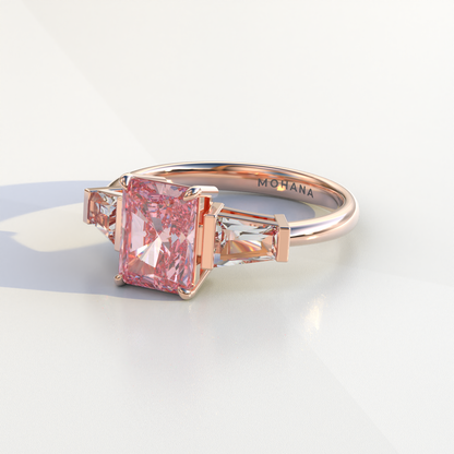 3 Carat Pink Radiant & Tapered Baguette Three Stone Lab Diamond Engagement Ring - Adorned