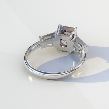 3 Carat Pink Radiant & Tapered Baguette Three Stone Lab Diamond Engagement Ring - Adorned