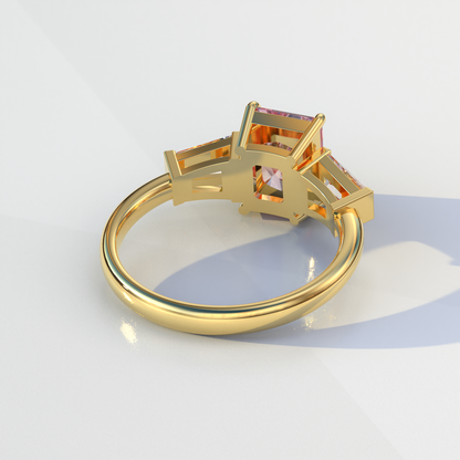 3 Carat Pink Radiant & Tapered Baguette Three Stone Lab Diamond Engagement Ring - Adorned