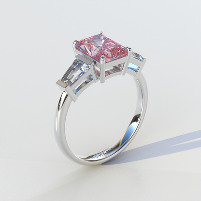 3 Carat Pink Radiant & Tapered Baguette Three Stone Lab Diamond Engagement Ring - Adorned