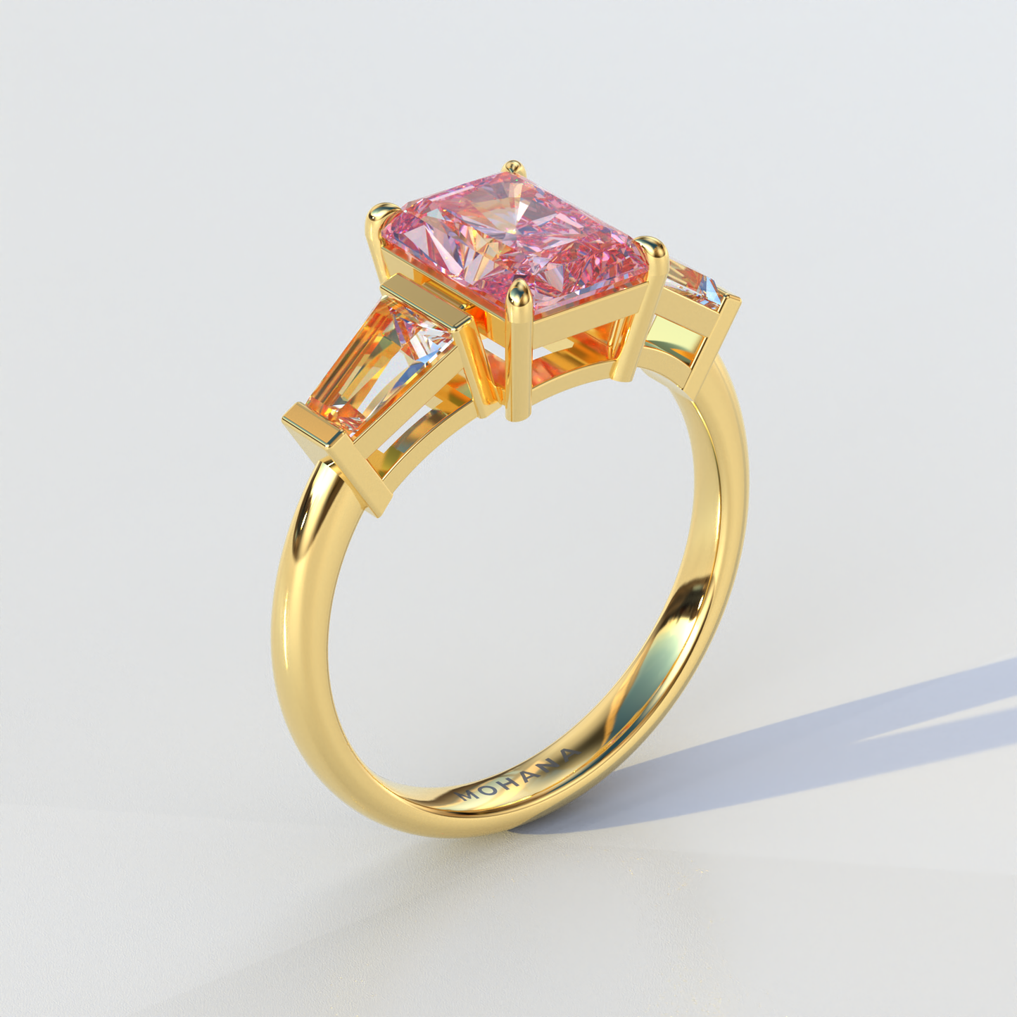 3 Carat Pink Radiant & Tapered Baguette Three Stone Lab Diamond Engagement Ring - Adorned
