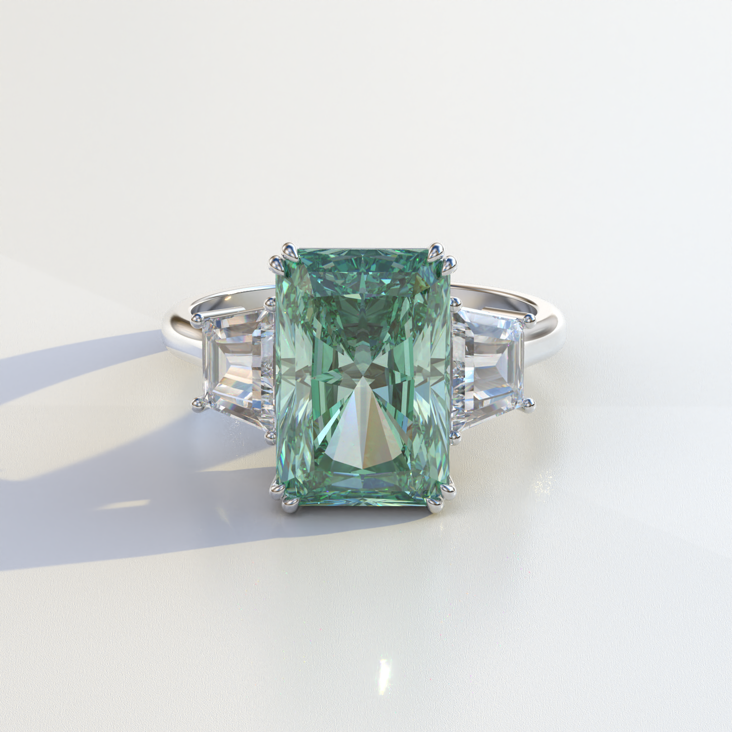 4 Carat Green Radiant & Trapezoid Cut Lab Diamond Three Stone Engagement Ring - Embrace