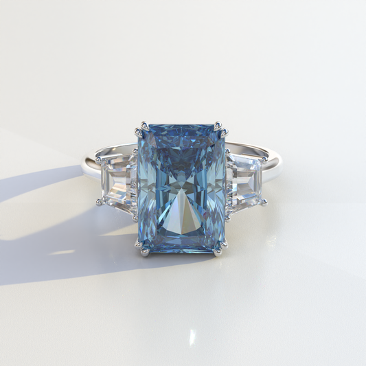 4 Carat Blue Radiant & Trapezoid Cut Lab Diamond Three Stone Engagement Ring - Embrace