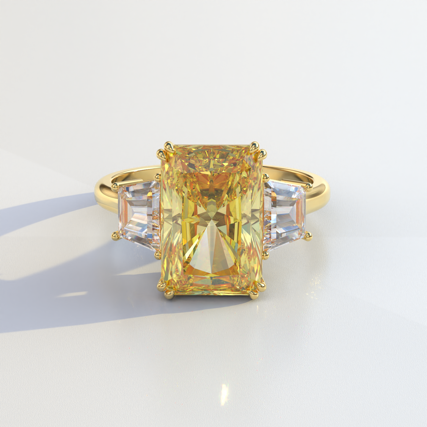 4 Carat Yellow Radiant & Trapezoid Cut Lab Diamond Three Stone Engagement Ring - Embrace