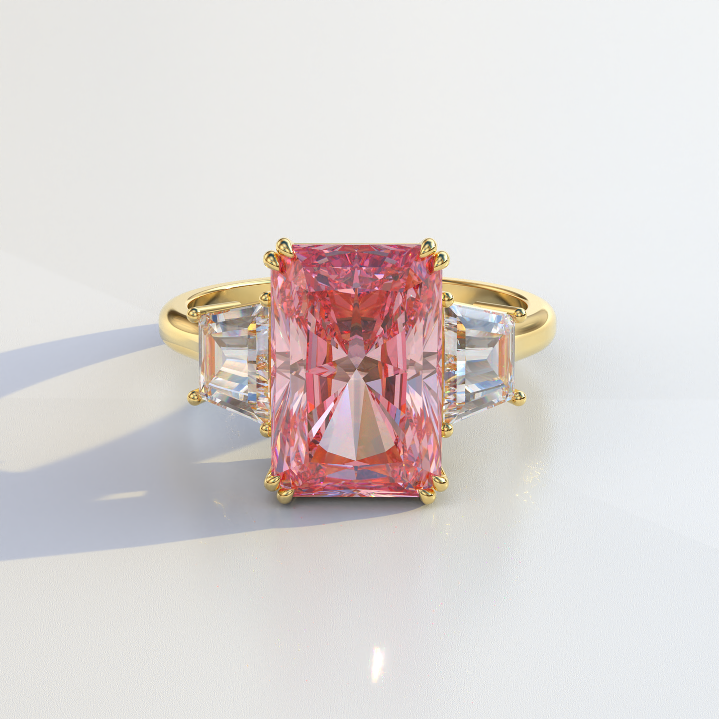 4 Carat Pink Radiant & Trapezoid Cut Lab Diamond Three Stone Engagement Ring - Embrace