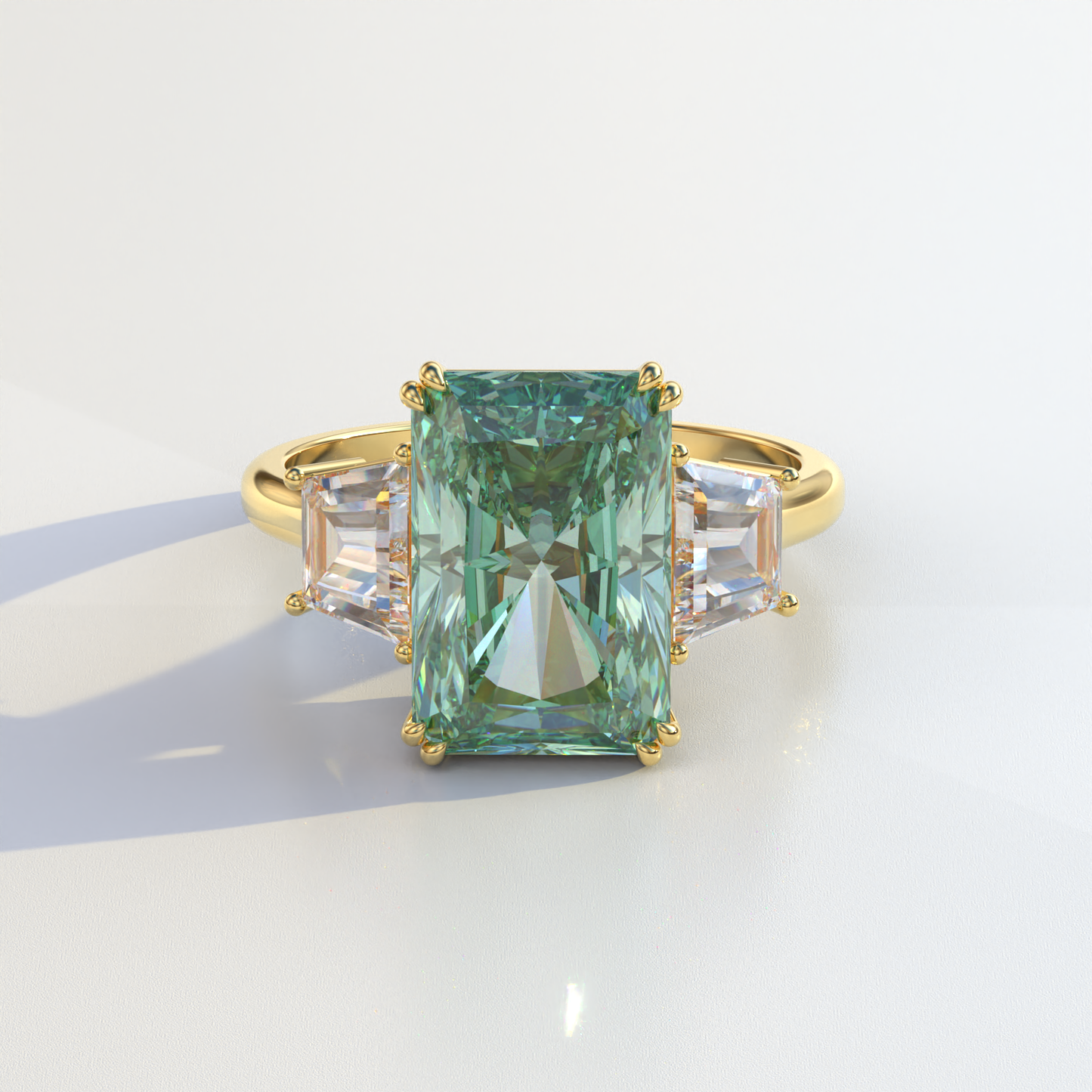 4 Carat Green Radiant & Trapezoid Cut Lab Diamond Three Stone Engagement Ring - Embrace