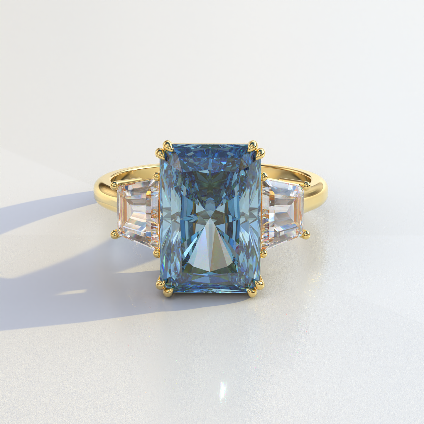 4 Carat Blue Radiant & Trapezoid Cut Lab Diamond Three Stone Engagement Ring - Embrace