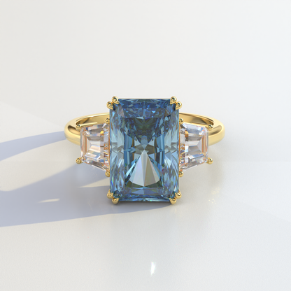 4 Carat Blue Radiant & Trapezoid Cut Lab Diamond Three Stone Engagement Ring - Embrace