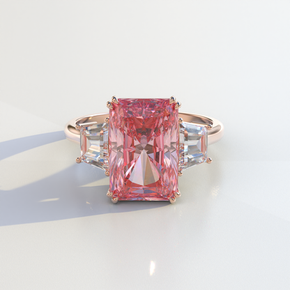 4 Carat Pink Radiant & Trapezoid Cut Lab Diamond Three Stone Engagement Ring - Embrace