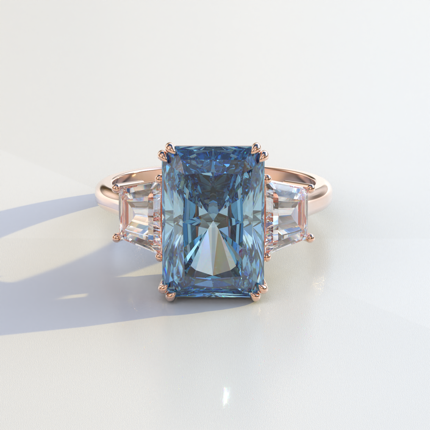 4 Carat Blue Radiant & Trapezoid Cut Lab Diamond Three Stone Engagement Ring - Embrace