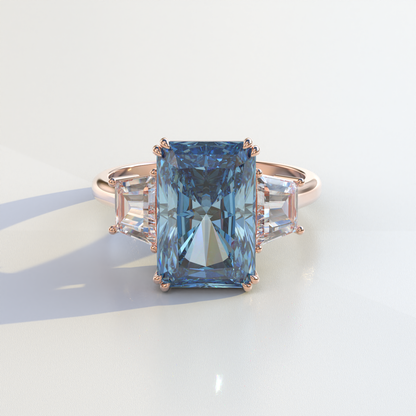 4 Carat Blue Radiant & Trapezoid Cut Lab Diamond Three Stone Engagement Ring - Embrace