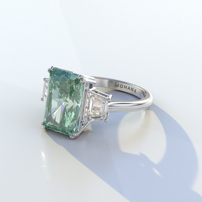 4 Carat Green Radiant & Trapezoid Cut Lab Diamond Three Stone Engagement Ring - Embrace