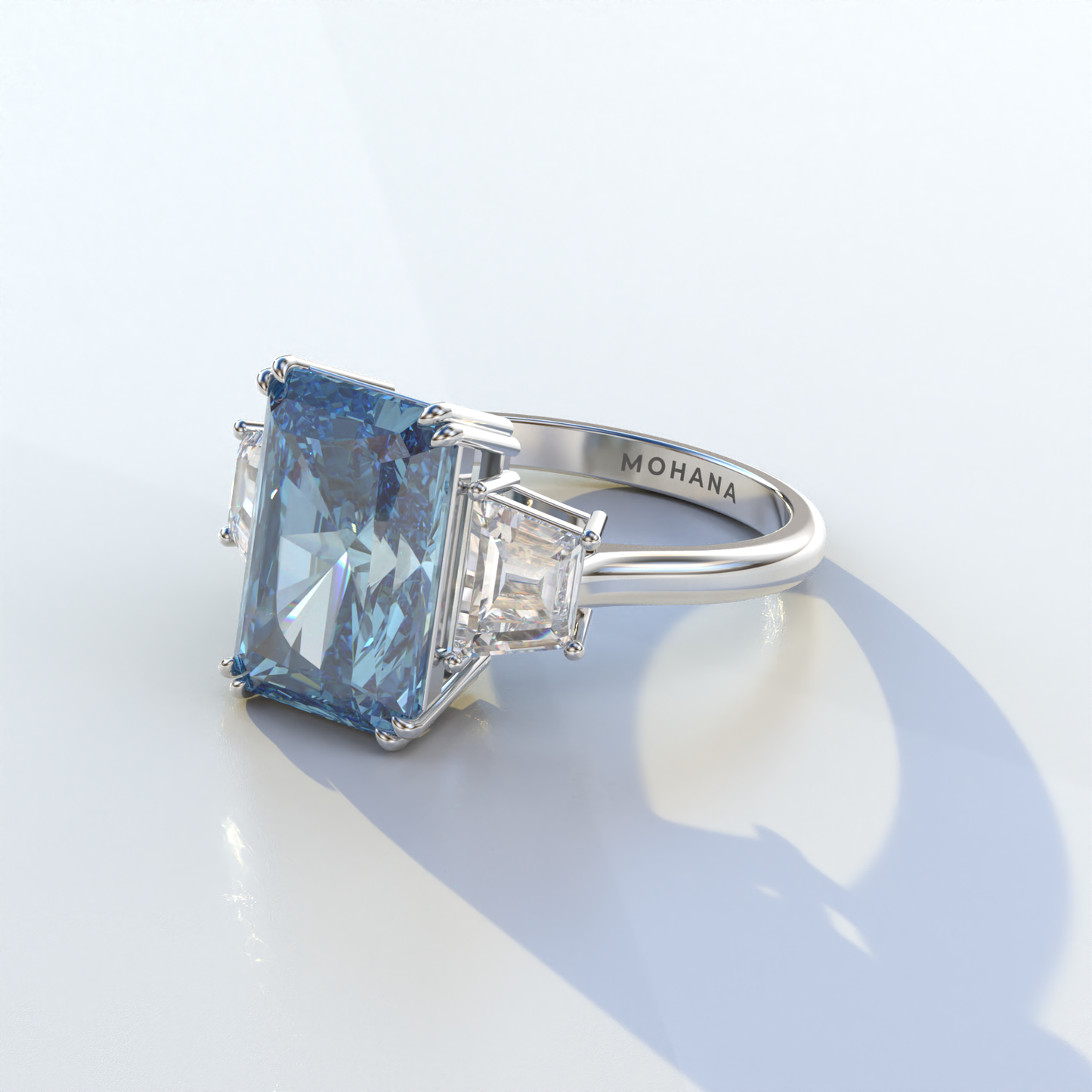 4 Carat Blue Radiant & Trapezoid Cut Lab Diamond Three Stone Engagement Ring - Embrace