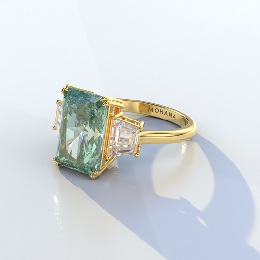4 Carat Green Radiant & Trapezoid Cut Lab Diamond Three Stone Engagement Ring - Embrace