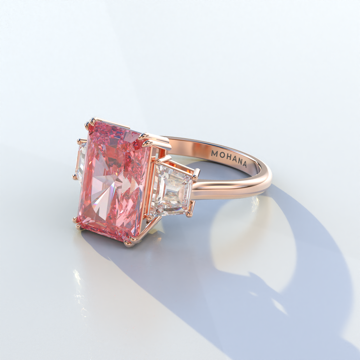 4 Carat Pink Radiant & Trapezoid Cut Lab Diamond Three Stone Engagement Ring - Embrace