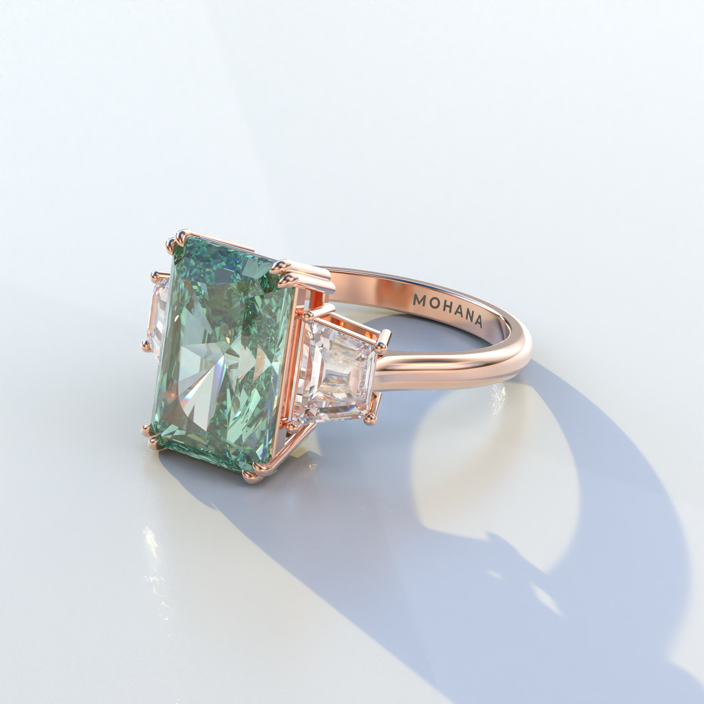 4 Carat Green Radiant & Trapezoid Cut Lab Diamond Three Stone Engagement Ring - Embrace