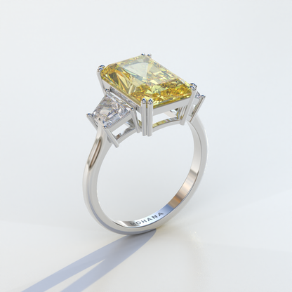 4 Carat Yellow Radiant & Trapezoid Cut Lab Diamond Three Stone Engagement Ring - Embrace