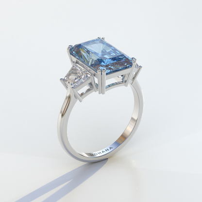 4 Carat Blue Radiant & Trapezoid Cut Lab Diamond Three Stone Engagement Ring - Embrace