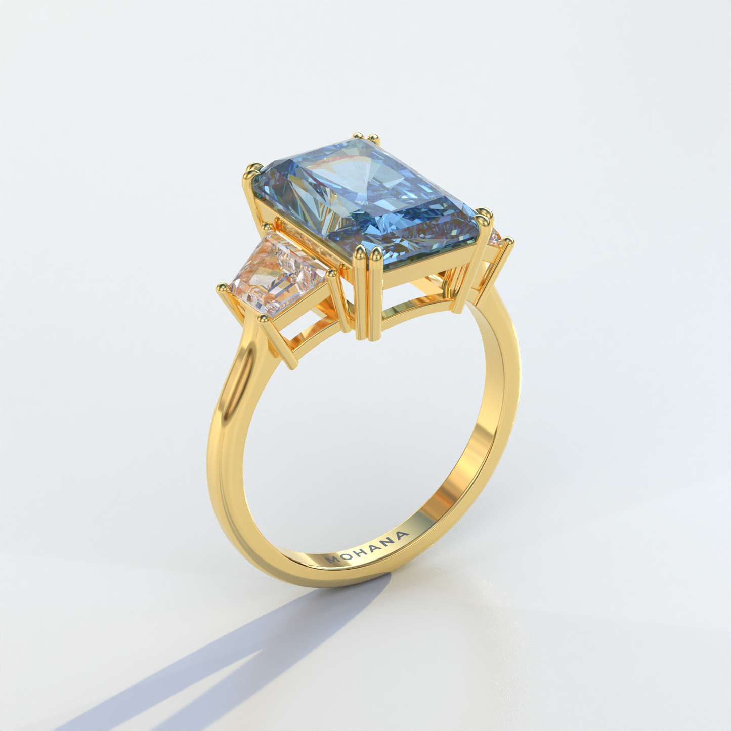 4 Carat Blue Radiant & Trapezoid Cut Lab Diamond Three Stone Engagement Ring - Embrace